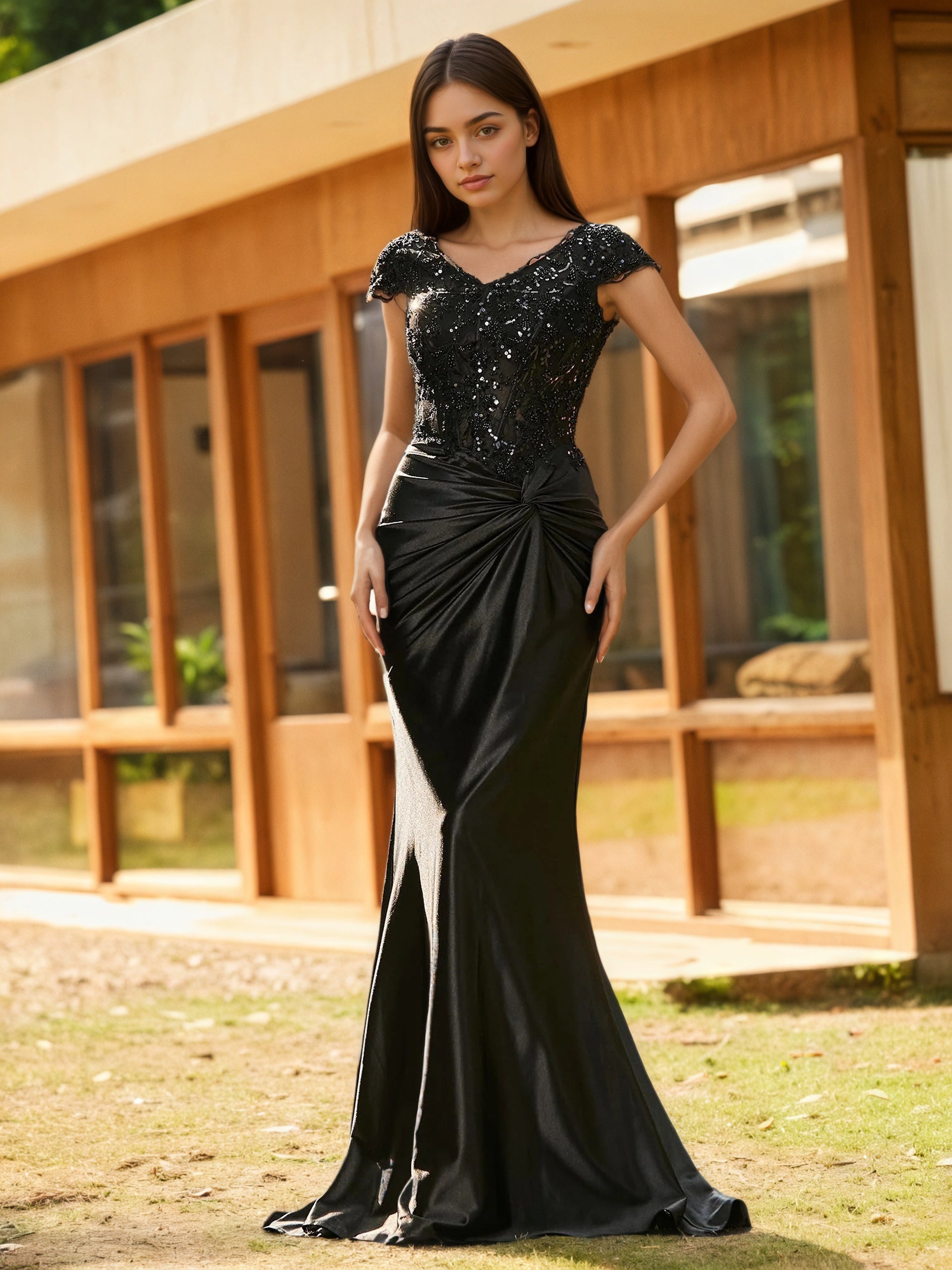 Sevoba | Beaded Corset Bodice Mermaid Satin Gown Black