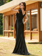 Sevoba | Beaded Corset Bodice Mermaid Satin Gown Black