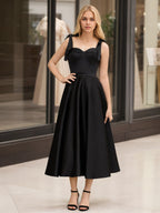 Sevoba | Black A line Sweetheart Satin Tea Length Homecoming Dress