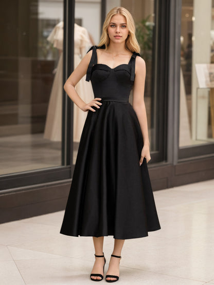 Sevoba | Black A line Sweetheart Satin Tea Length Homecoming Dress