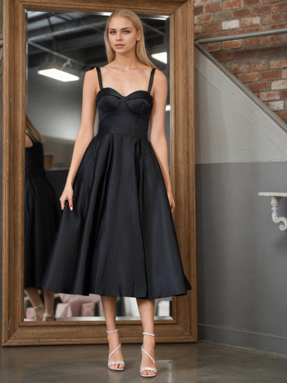 Sevoba | Black A line Sweetheart Satin Tea Length Homecoming Dress