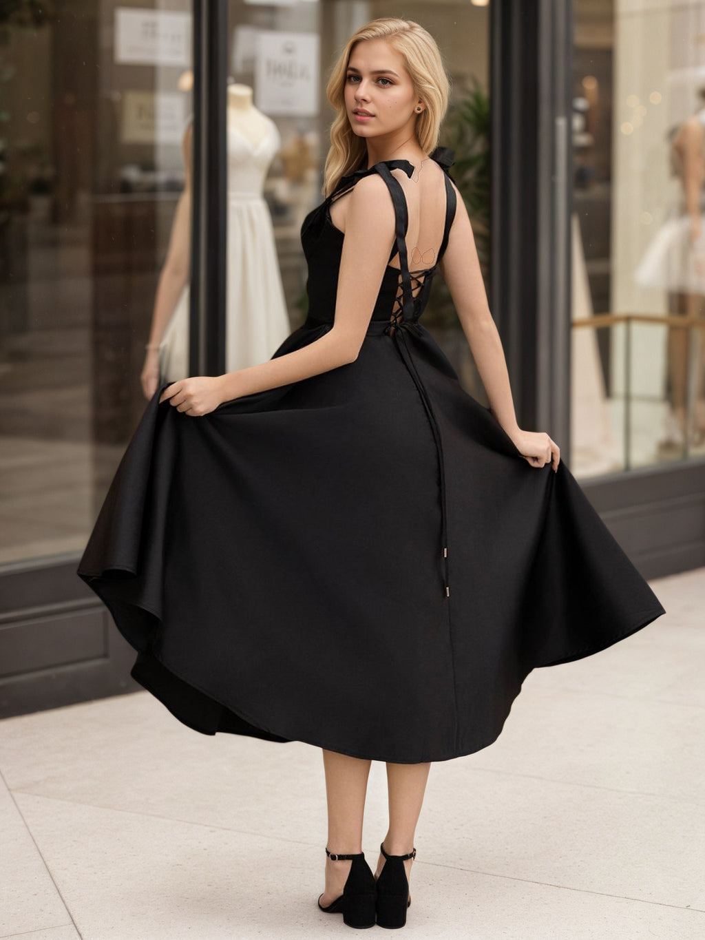 Sevoba | Black A line Sweetheart Satin Tea Length Homecoming Dress