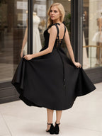 Sevoba | Black A line Sweetheart Satin Tea Length Homecoming Dress