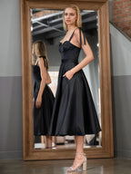 Sevoba | Black A line Sweetheart Satin Tea Length Homecoming Dress