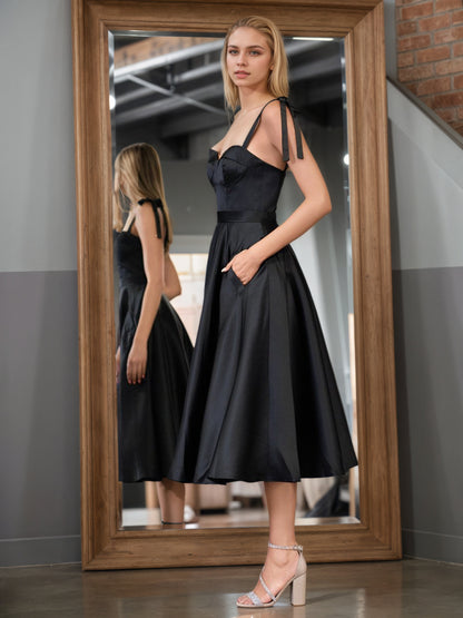 Sevoba | Black A line Sweetheart Satin Tea Length Homecoming Dress
