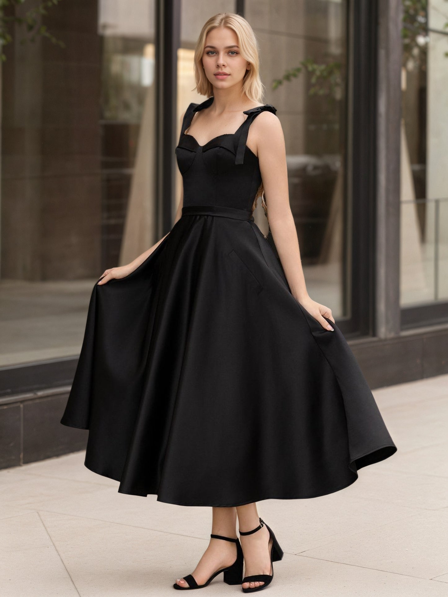 Sevoba | Black A line Sweetheart Satin Tea Length Homecoming Dress