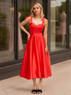 Sevoba | Black A line Sweetheart Satin Tea Length Homecoming Dress