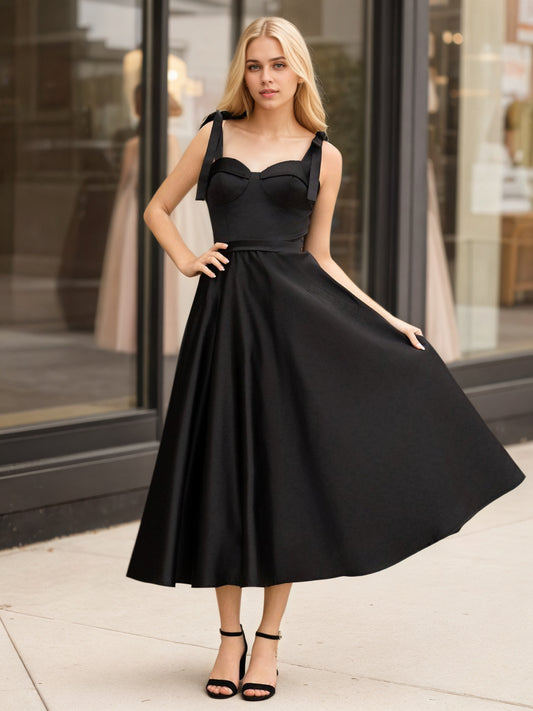 Sevoba | Black A line Sweetheart Satin Tea Length Homecoming Dress
