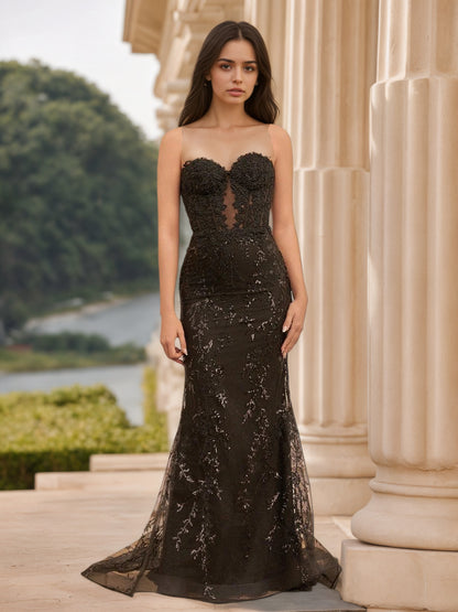 Sevoba|Black Sweetheart Lace Appliques Mermaid Long Prom Dresses
