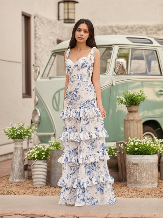 Sevoba|Blue Sweetheart A Line Long Floral Prom Dress
