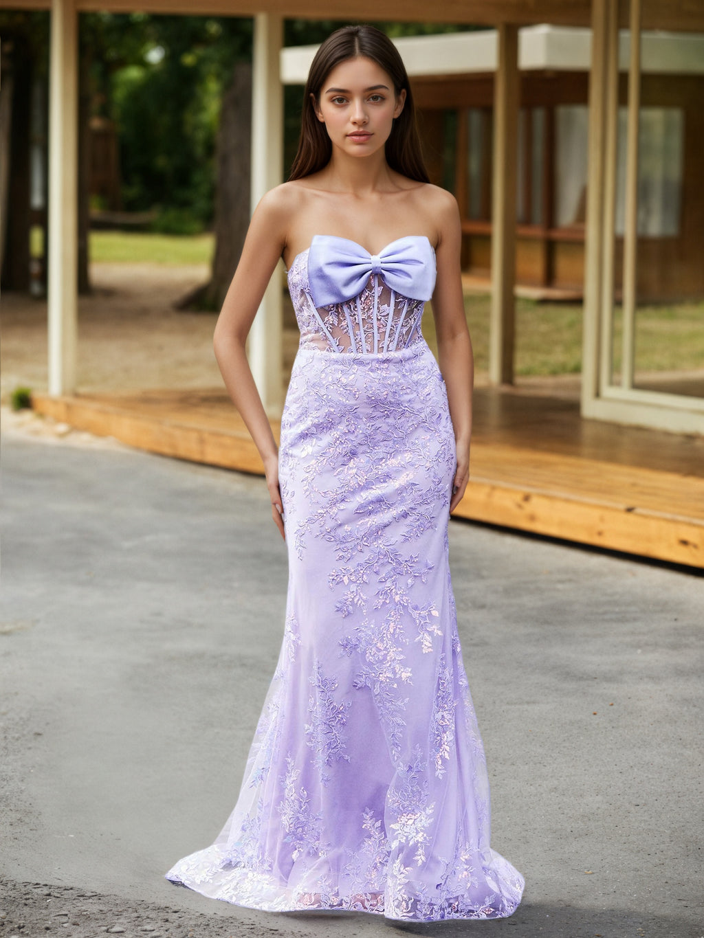 Sevoba | Bow-Front Lace Appliqued Trumpet/Mermaid Gown Lilac