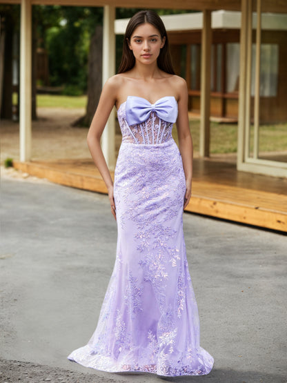 Sevoba | Bow-Front Lace Appliqued Trumpet/Mermaid Gown Lilac