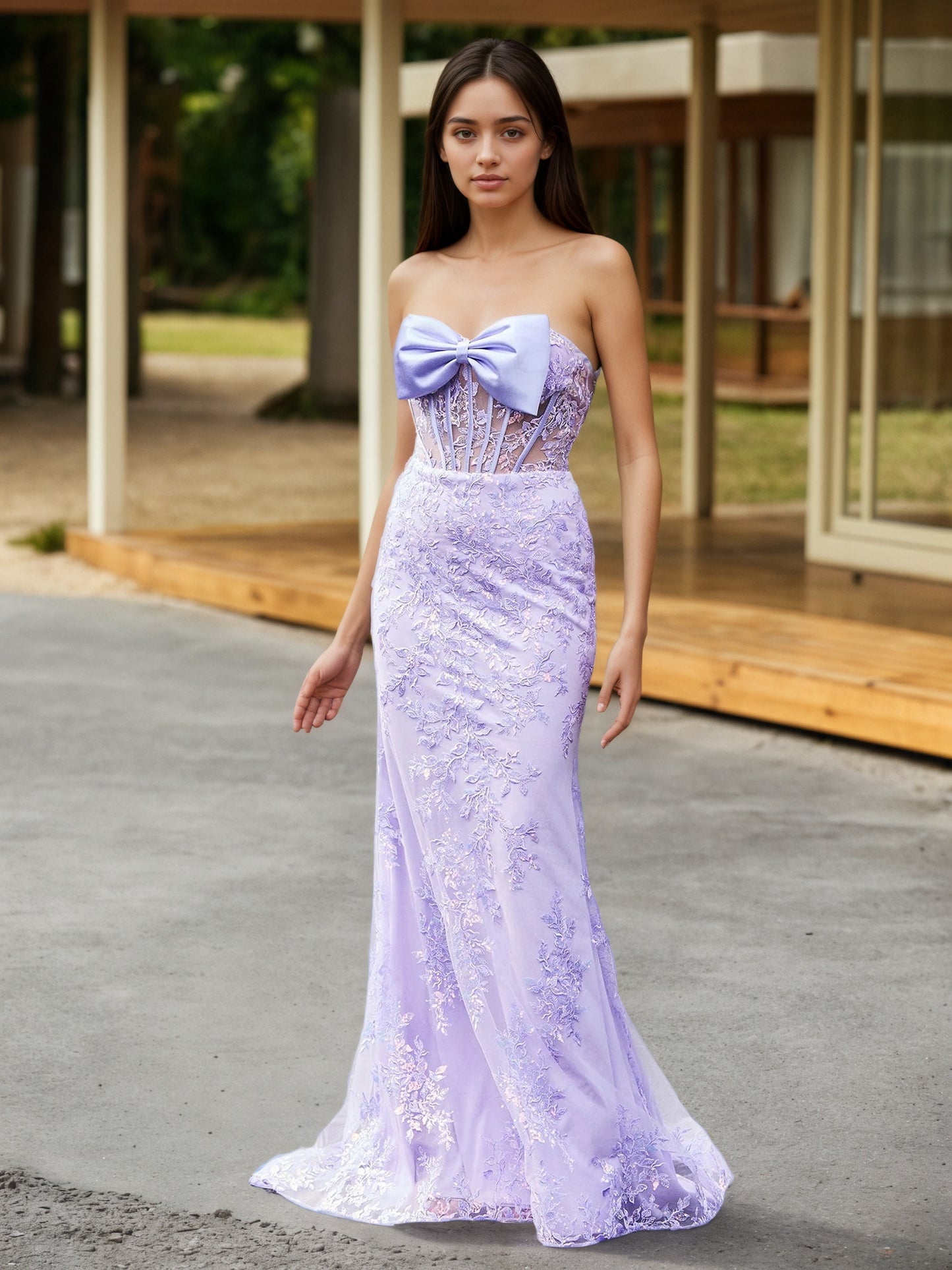 Sevoba | Bow-Front Lace Appliqued Trumpet/Mermaid Gown Lilac