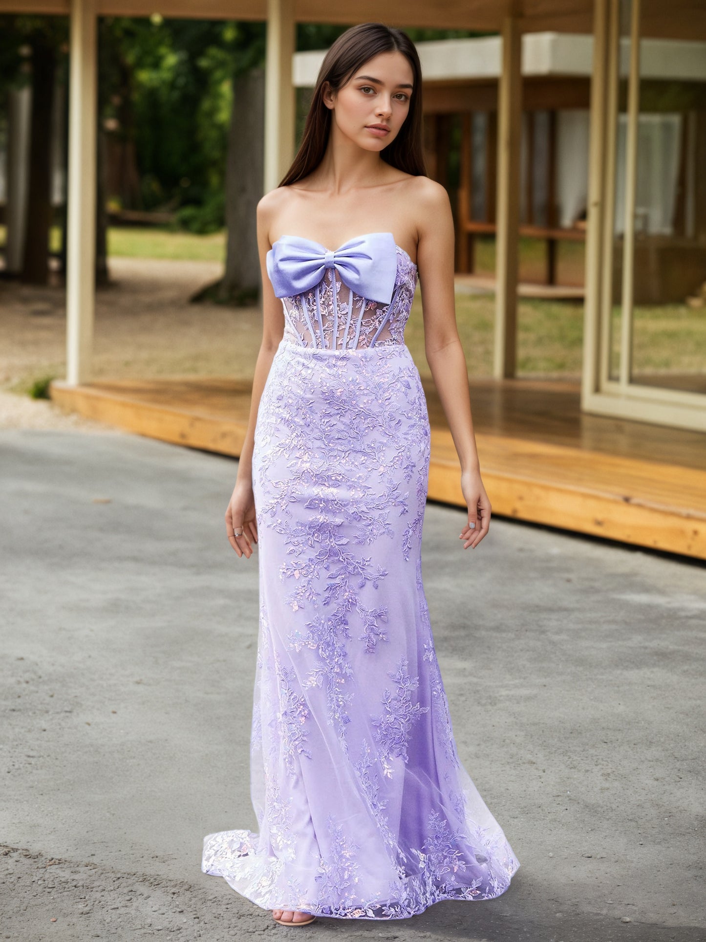 Sevoba | Bow-Front Lace Appliqued Trumpet/Mermaid Gown Lilac