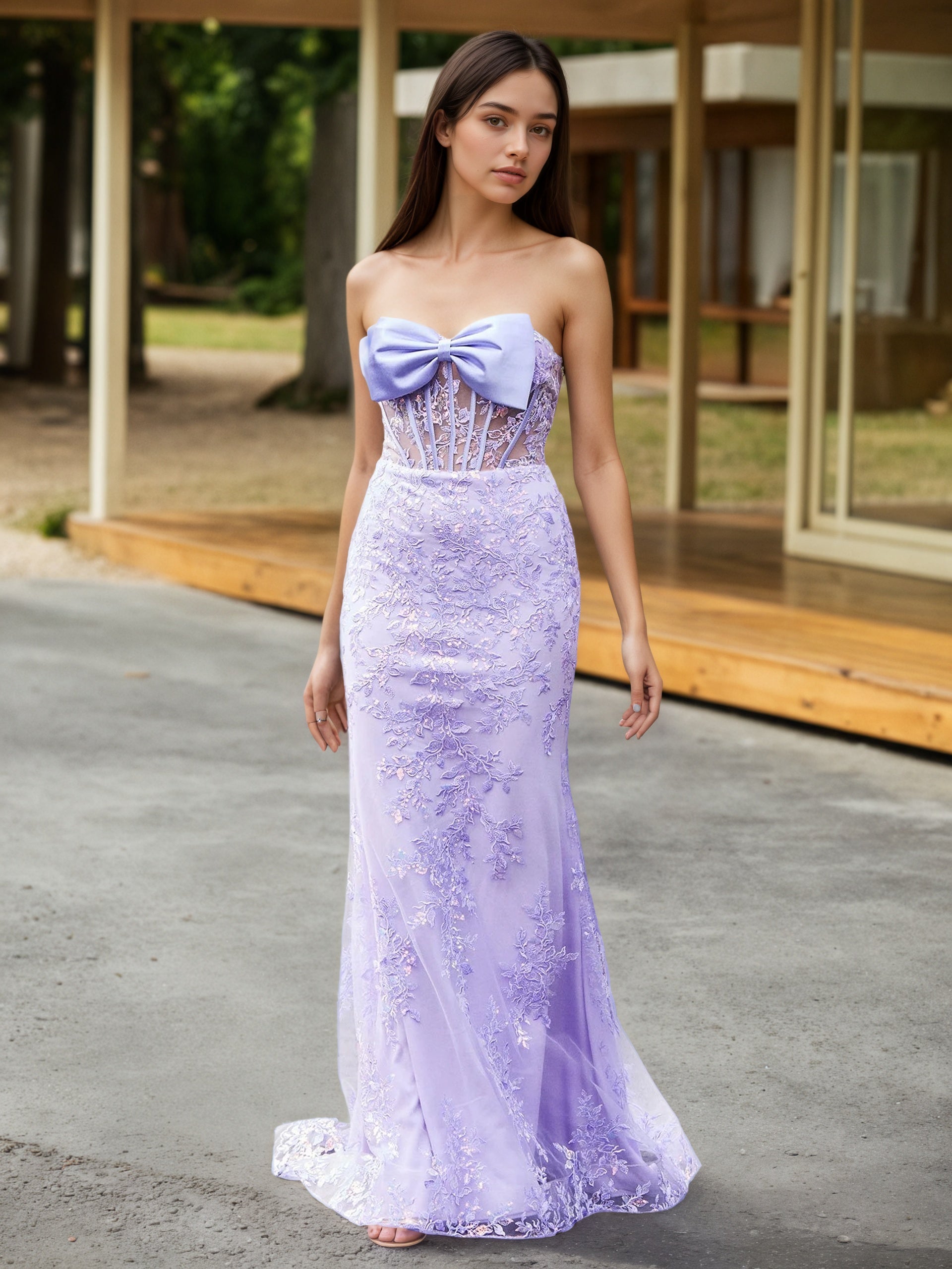 Sevoba | Bow-Front Lace Appliqued Trumpet/Mermaid Gown Lilac