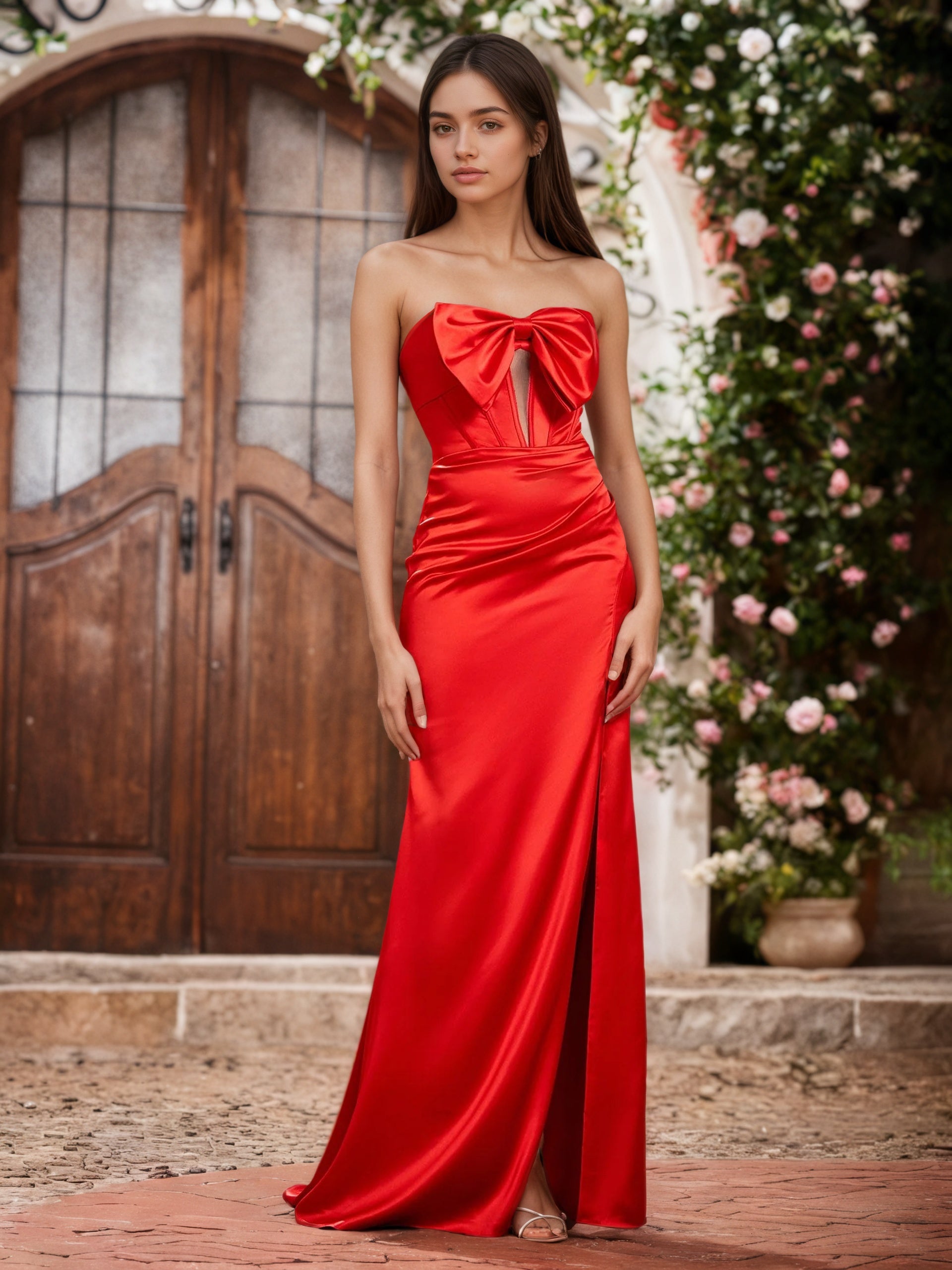 Sevoba | Bow Corset Strapless Sheath/Column Prom Dresses With Slit Red