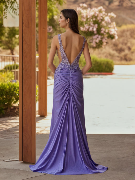Sevoba|Charming Mermaid V Neck Sage Green Slit Prom Dresses with Appliques