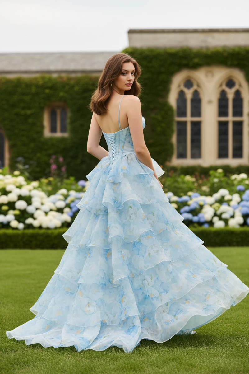 Sevoba|Chic A Line Spaghetti Straps Corset Floral Tiered Long Prom Dress With Slit