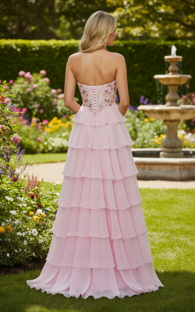 Sevoba|Chic A Line Sweetheart Corset Sequins Chiffon Tiered Prom Dresses With Slit