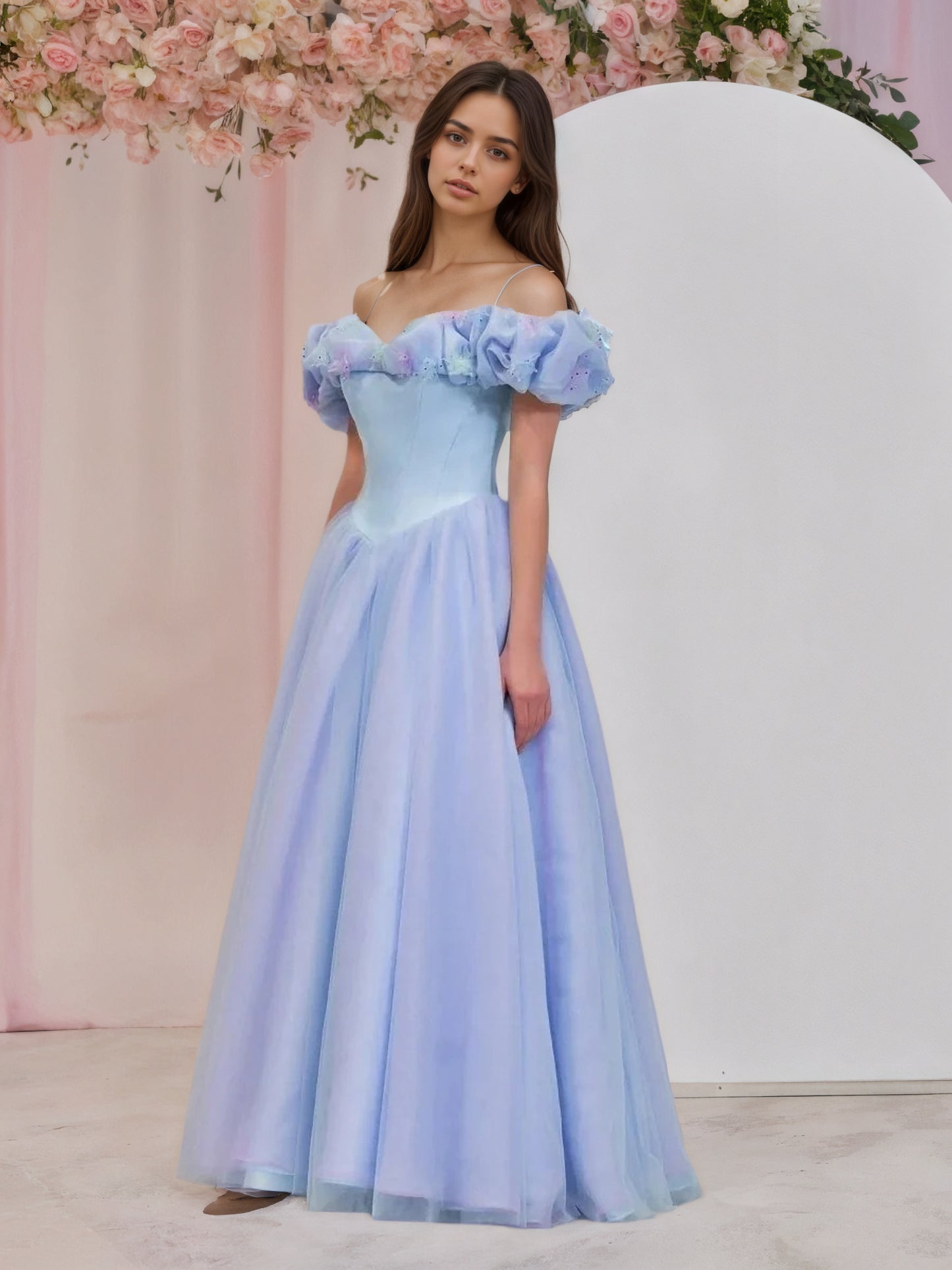 Sevoba|Cinderella Blue Tulle Off the Shoulder With Crystals & Butterflies Ball Gown