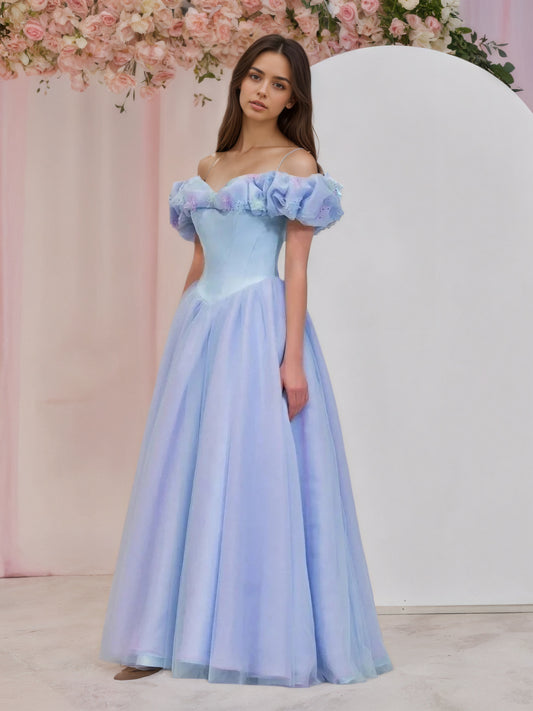 Sevoba|Cinderella Blue Tulle Off the Shoulder With Crystals & Butterflies Ball Gown