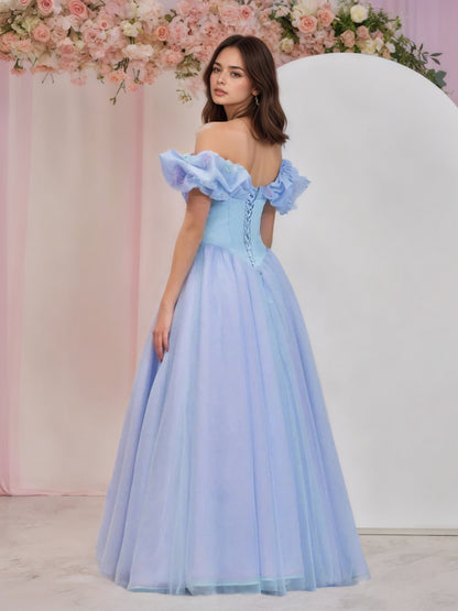Sevoba|Cinderella Blue Tulle Off the Shoulder With Crystals & Butterflies Ball Gown