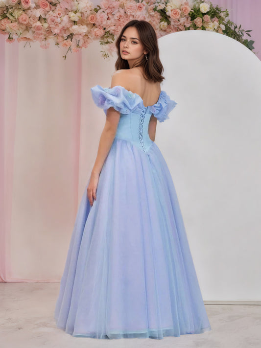 Sevoba|Cinderella Blue Tulle Off the Shoulder With Crystals & Butterflies Ball Gown