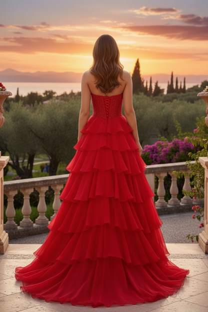 Sevoba|Classic A Line Strapless Corset Ruffled Tiered Red Prom Dresses With Appliques