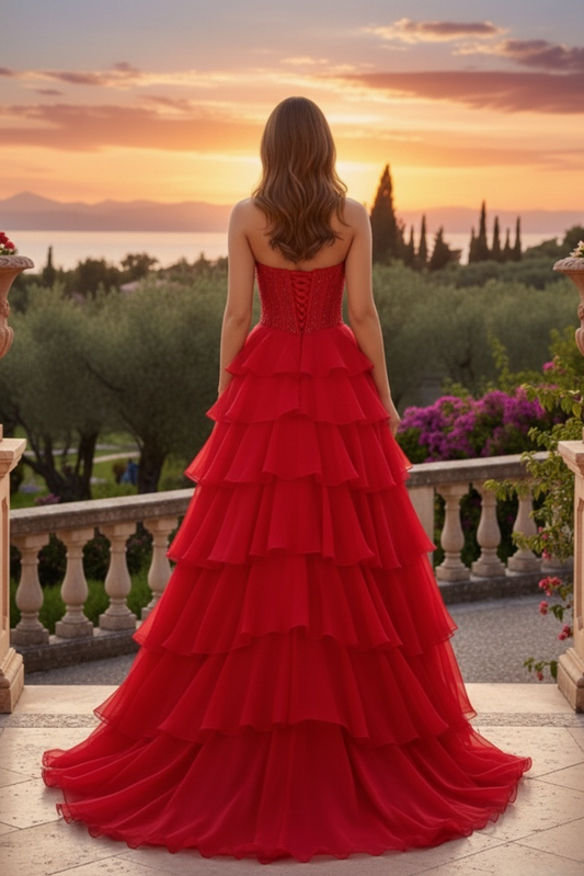 Sevoba|Classic A Line Strapless Corset Ruffled Tiered Red Prom Dresses With Appliques