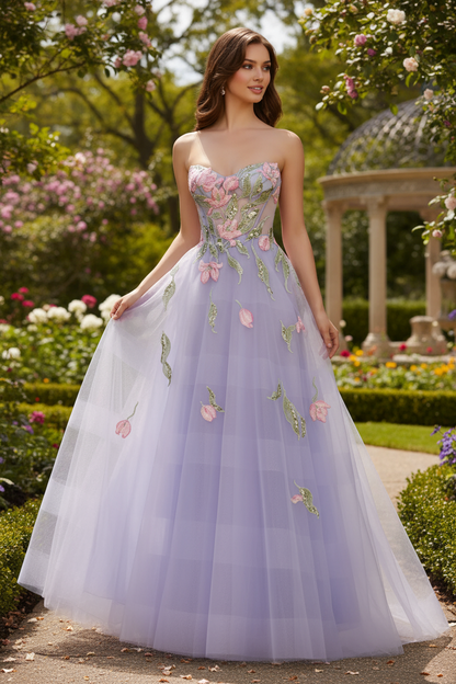 Sevoba|Classic A Line Sweetheart Tulle Long Prom Dress With Appliques