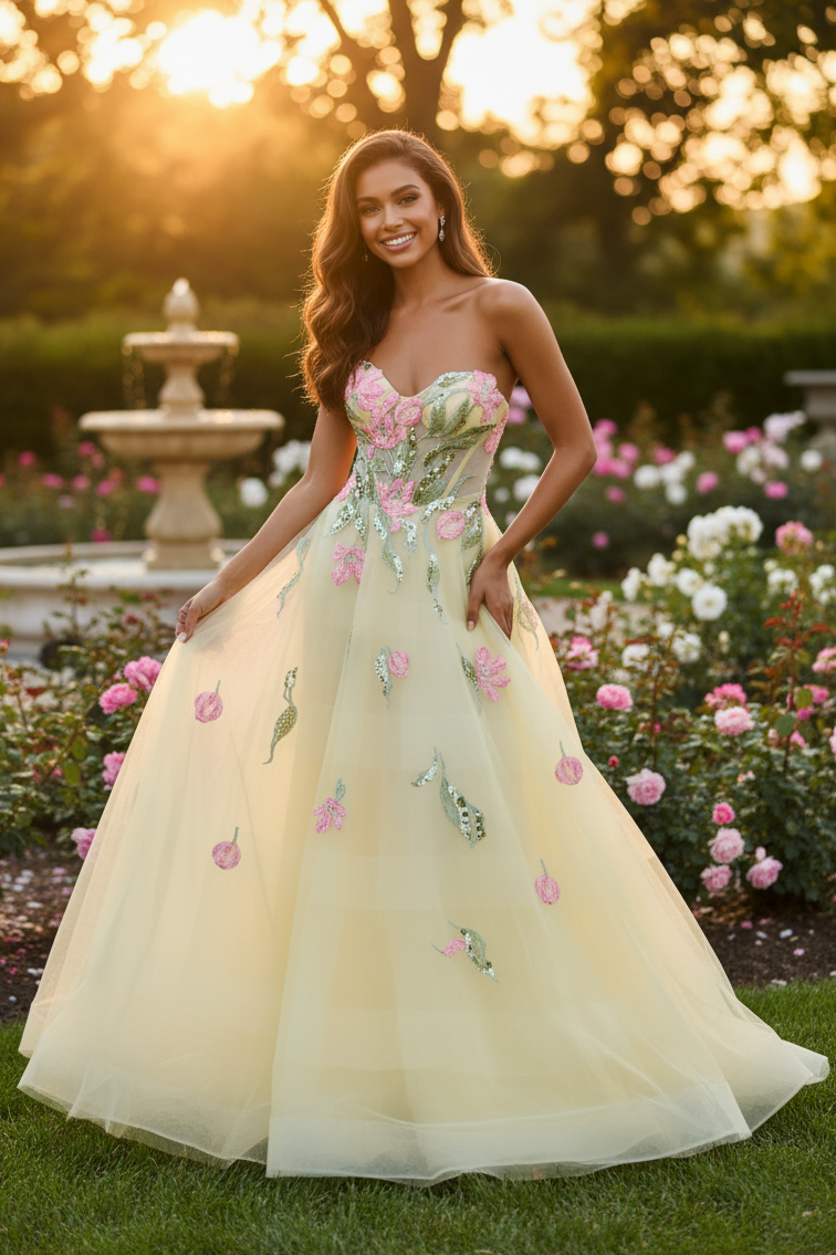 Sevoba|Classic A Line Sweetheart Tulle Long Prom Dress With Appliques