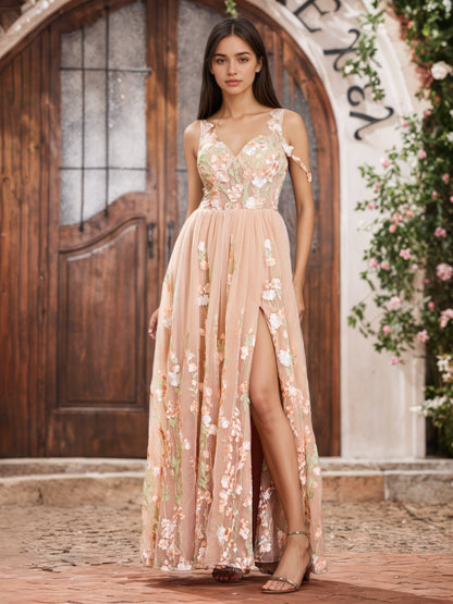 Sevoba | Corset Bodice Flowers Sweetheart A-line Dresses with Slit Pearl Pink