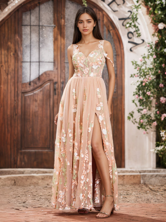 Sevoba | Corset Bodice Flowers Sweetheart A-line Dresses with Slit Pearl Pink