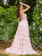 Sevoba | Corset Bodice Illusion Top Tulle Tiered Dresses Blushing Pink