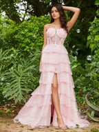 Sevoba | Corset Bodice Illusion Top Tulle Tiered Dresses Blushing Pink