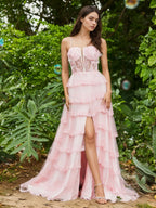 Sevoba | Corset Bodice Illusion Top Tulle Tiered Dresses Blushing Pink