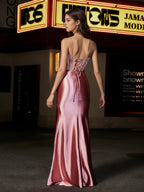 Sevoba | Corset Bodice Lace Up Back Mermaid Satin Gown Dusty Rose