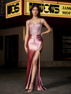 Sevoba | Corset Bodice Lace Up Back Mermaid Satin Gown Dusty Rose