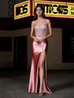 Sevoba | Corset Bodice Lace Up Back Mermaid Satin Gown Dusty Rose