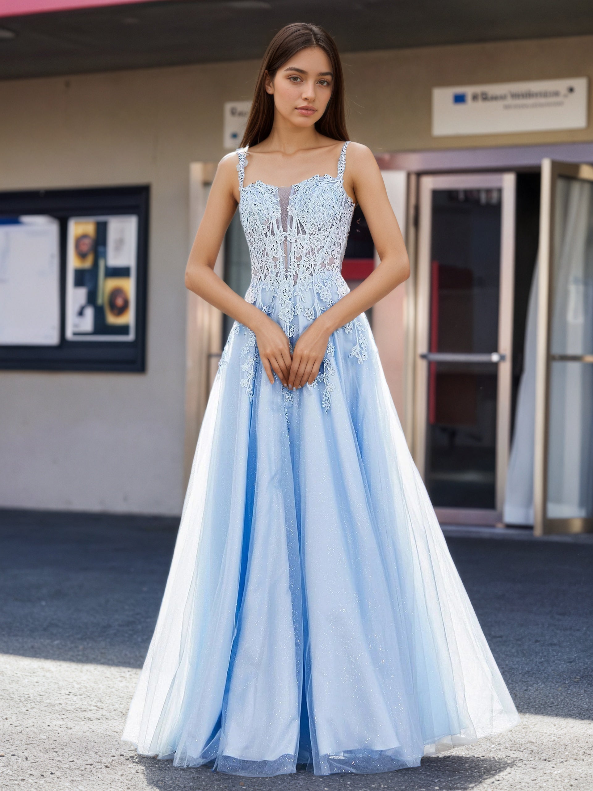 Sevoba | Corset Bodice Sweep/Brush Train A-line Dress Blue