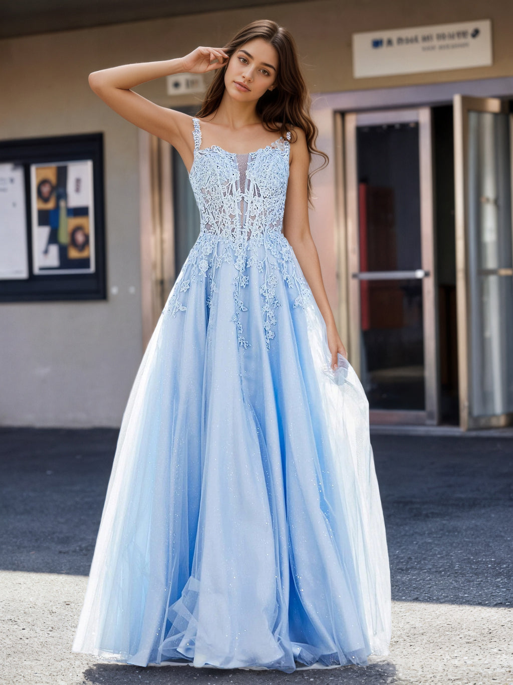 Sevoba | Corset Bodice Sweep/Brush Train A-line Dress Blue