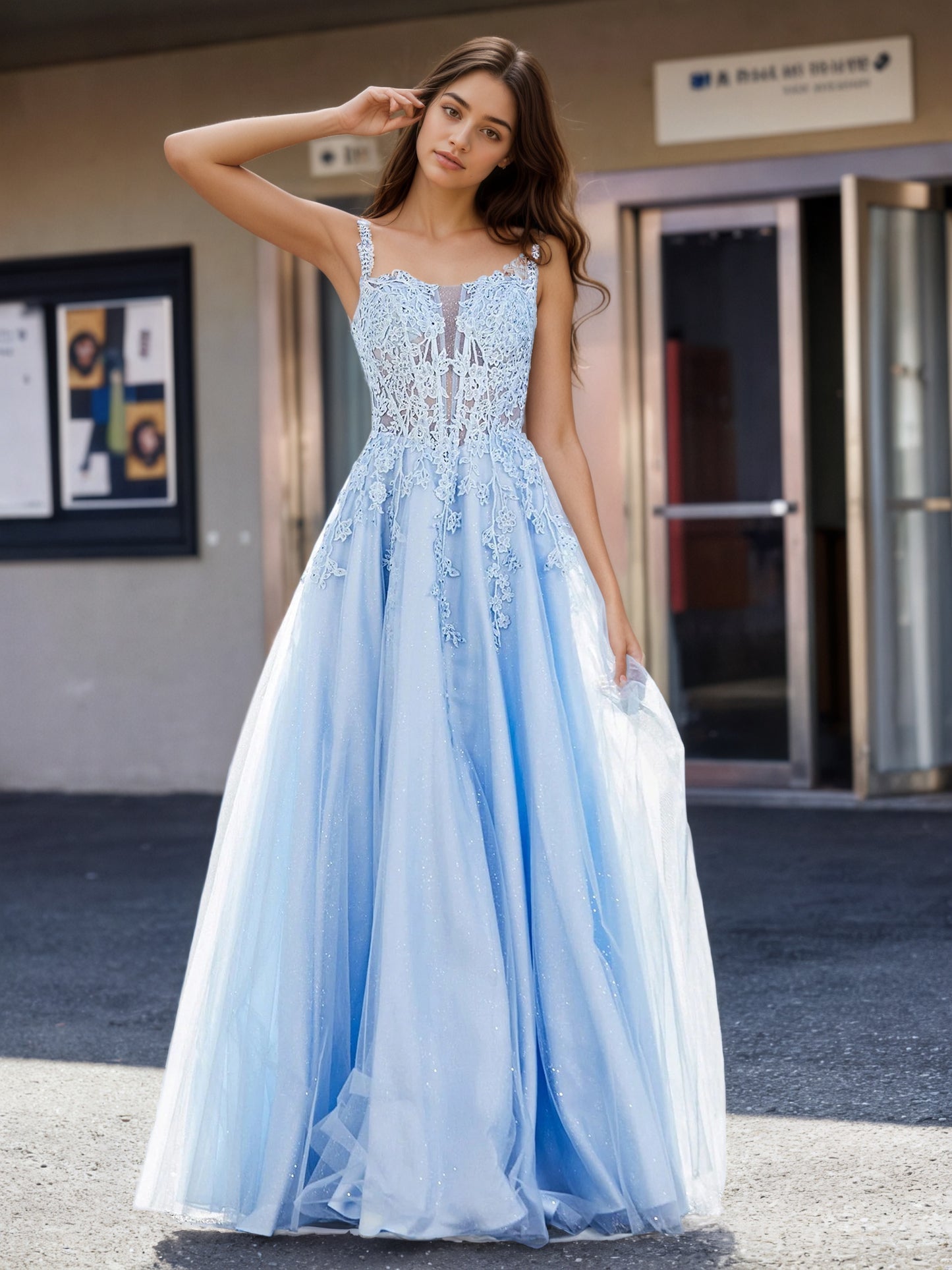 Sevoba | Corset Bodice Sweep/Brush Train A-line Dress Blue