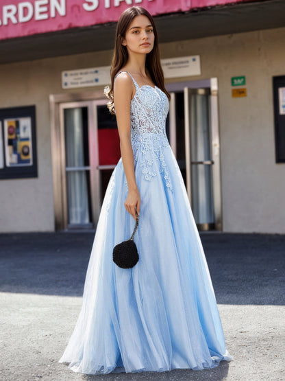 Sevoba | Corset Bodice Sweep/Brush Train A-line Dress Blue