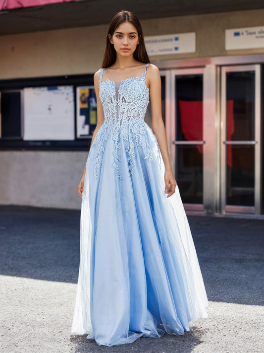 Sevoba | Corset Bodice Sweep/Brush Train A-line Dress Blue