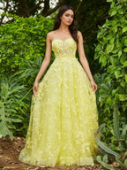 Sevoba | Corset Bodice Sweep/Brush Train A-line Dress Daffodil