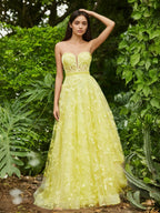 Sevoba | Corset Bodice Sweep/Brush Train A-line Dress Daffodil