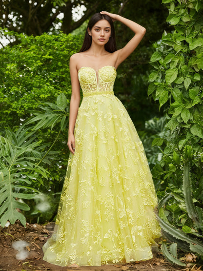 Sevoba | Corset Bodice Sweep/Brush Train A-line Dress Daffodil