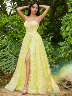 Sevoba | Corset Bodice Sweep/Brush Train A-line Dress Daffodil