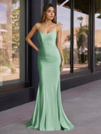 Sevoba | Cute Mermaid Scoop Neck Satin Long Prom Dress