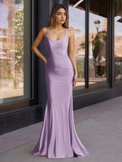 Sevoba | Cute Mermaid Scoop Neck Satin Long Prom Dress